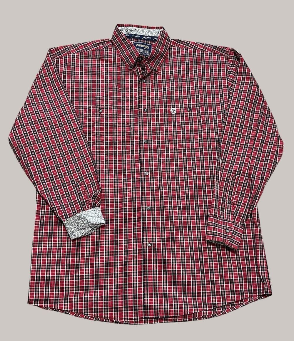 Wrangler George Strait Flip Cuff Red Black Plaid Button Long Sleeve Shirt XL